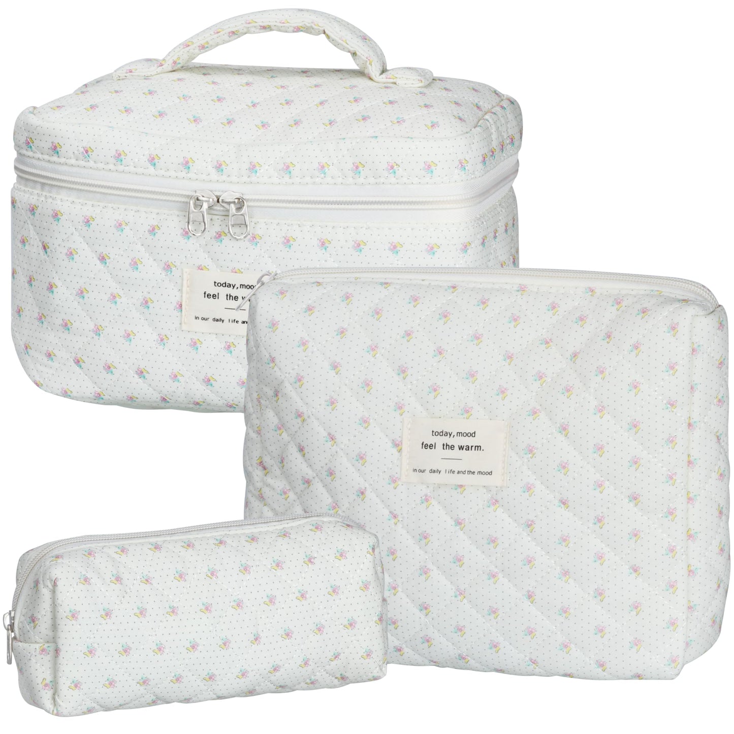 Quilted 3-Piece Makeup Bag Set – Large Coquette Aesthetic Cotton Cosmetic and Travel Toiletry Organizers