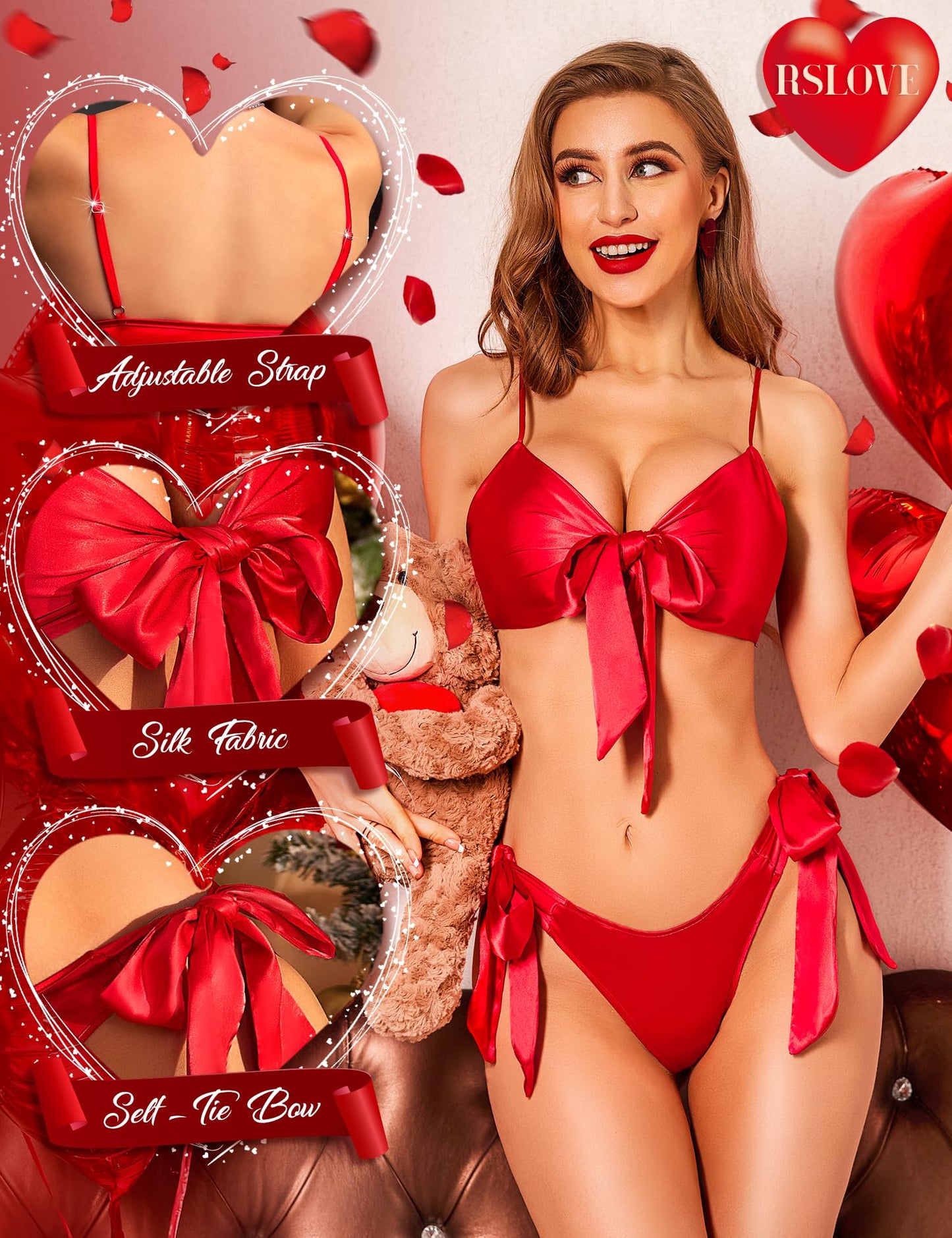 Women Sexy Lingerie Set Satin Bow Tie 2 Piece Bra and Panty Sets