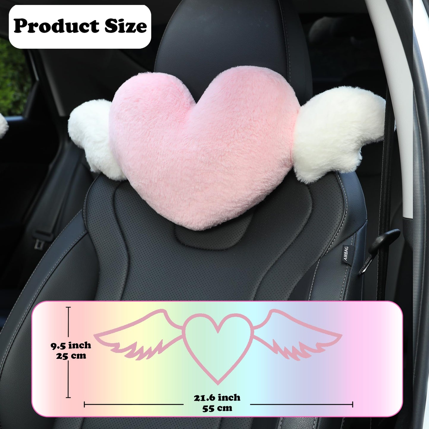 Heart Shaped Cute Car Headrest Pillow with Angel Wings - Comfortable Soft Head Rest Cushion Kawaii