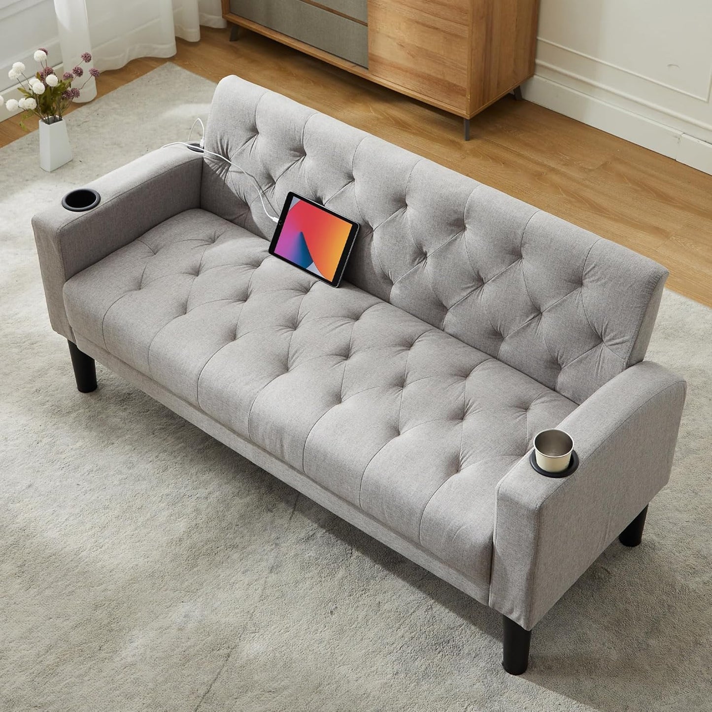 Loveseat Sofa w/ 2 USB Charger Ports and 2 Cupholders, Mid-Century Modern Tufted Pink Velvet