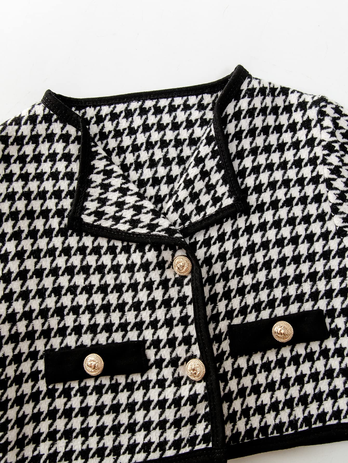 Girl's 2 Piece Houndstooth Button Front Long Sleeve Round Neck Jacket and Skirt Outfits Set