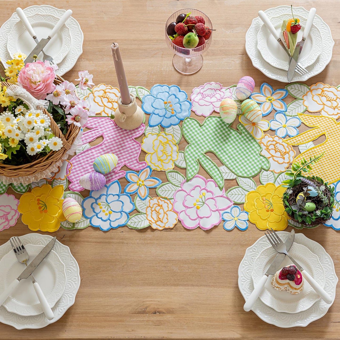 Cutwork Embroidered Plaid Easter Rabbits Florals Table Runners, Placements Dining Home Table Decorations