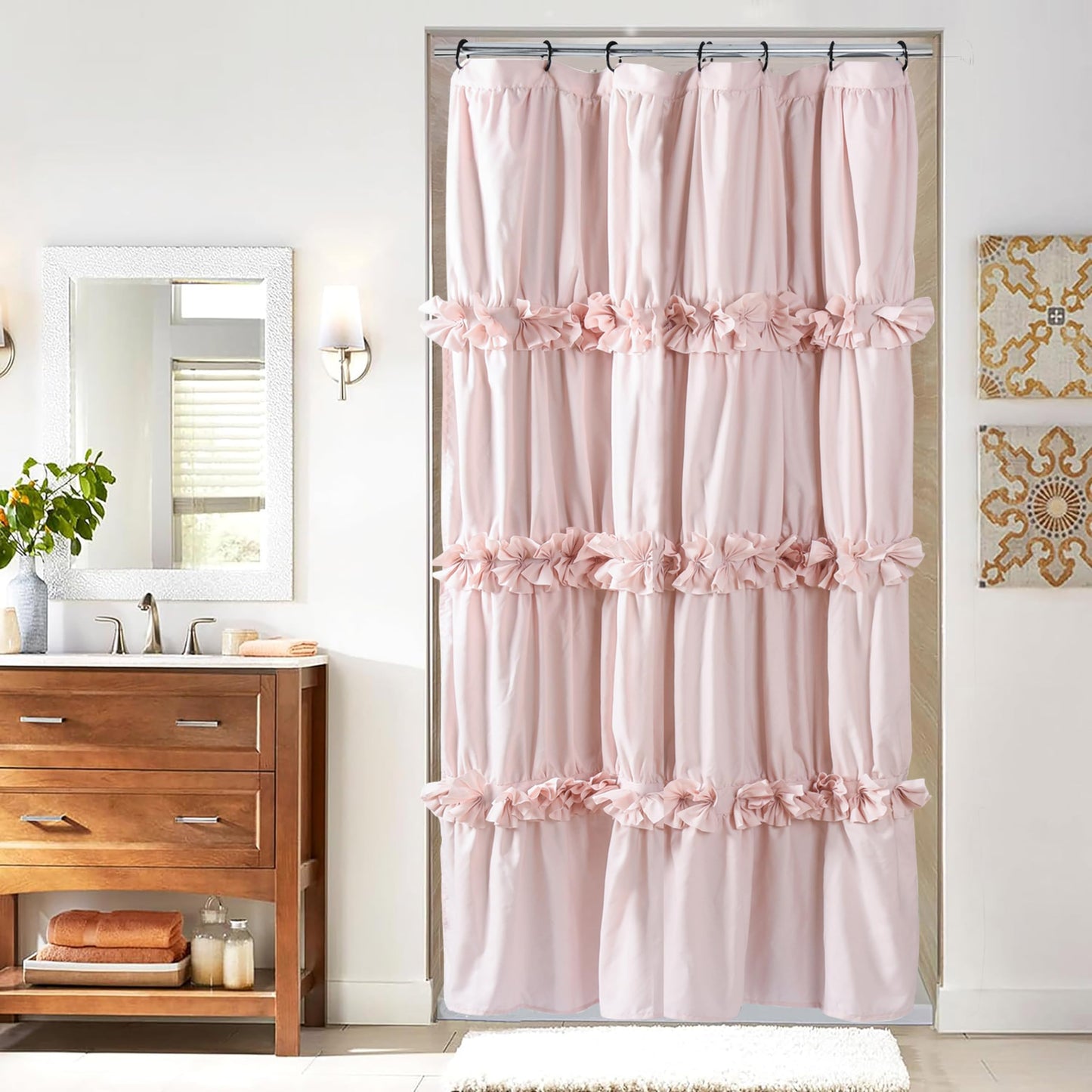 Victorian Bow Tie Ruffle Shower Curtain, with 12 Buttonholes, 72" W x 72" H, White (LQ-10)