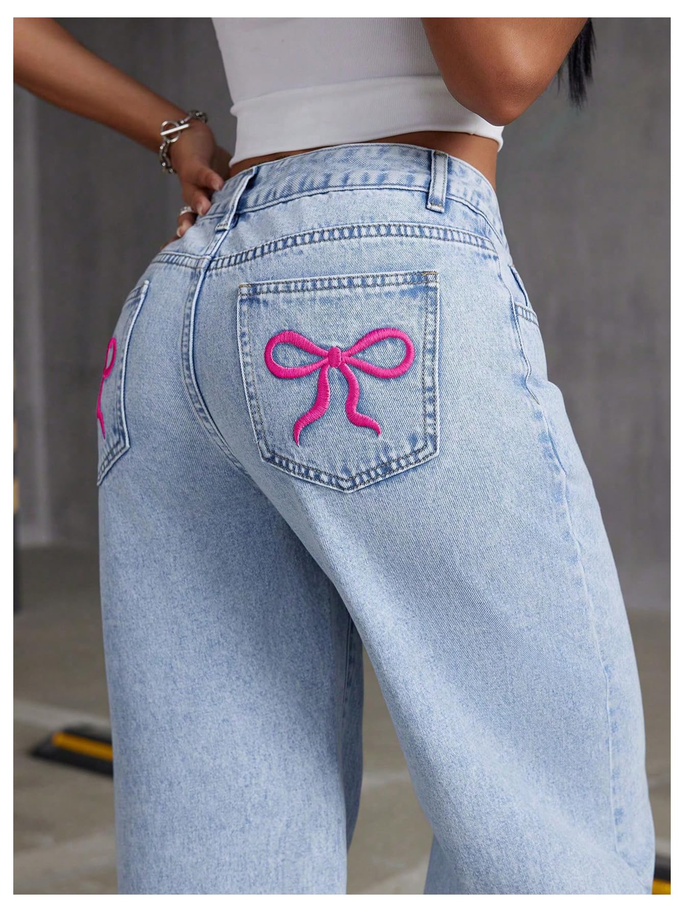 Women's Bowknot Embroidery Jeans - Y2k Straight Leg Boyfriend Denim Pants