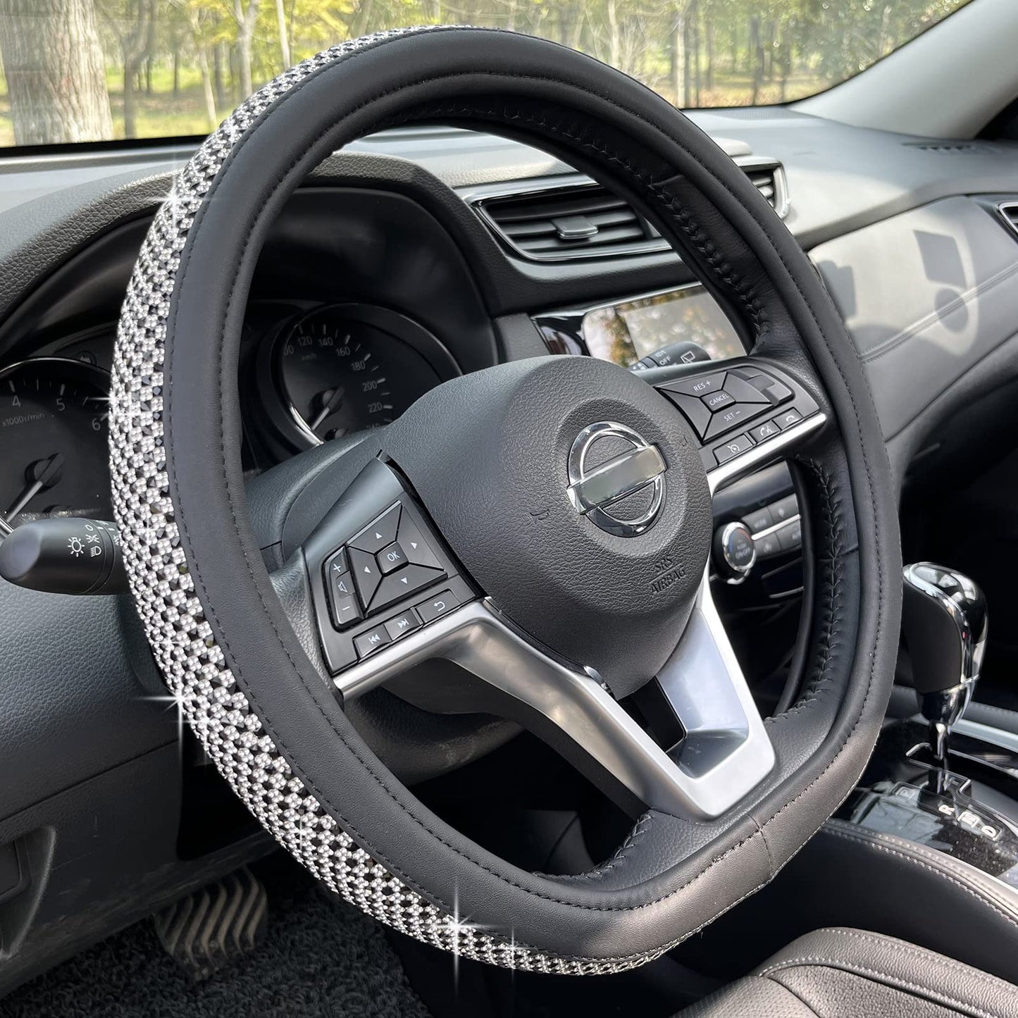 Universal Bling Bling Comfy Steering Wheel Cover with Jumbo Crystal Rhinestones, Anti-Slip Diamond Leather, 14.5-15 Inch