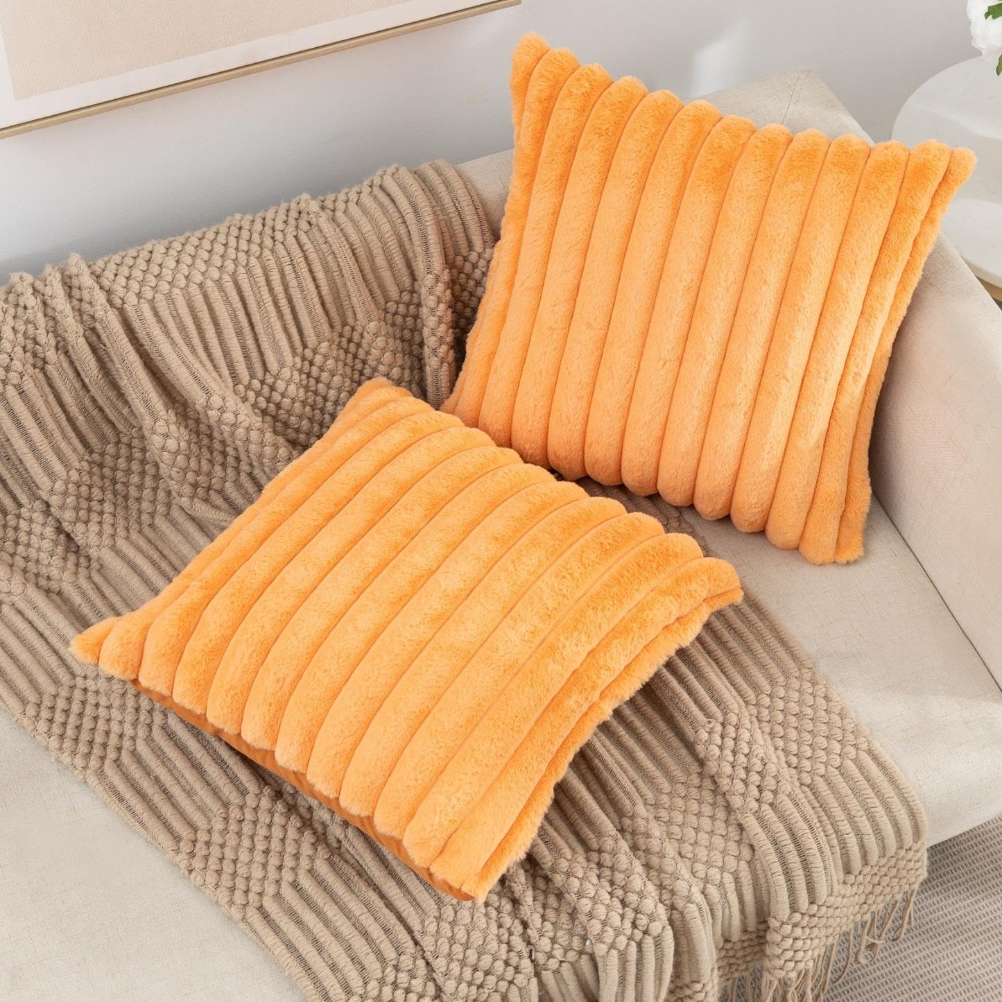 Set of 2 Fluffy Faux Fur Striped Pillow Covers – Decorative Cushion Cases