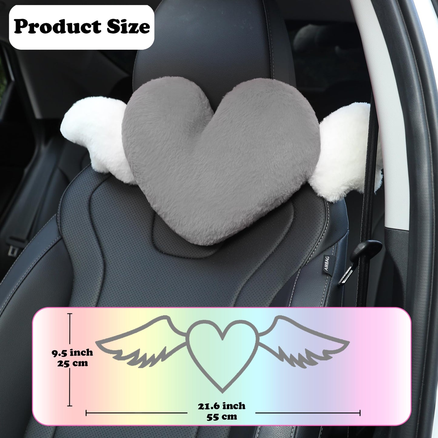 Heart Shaped Cute Car Headrest Pillow with Angel Wings - Comfortable Soft Head Rest Cushion Kawaii