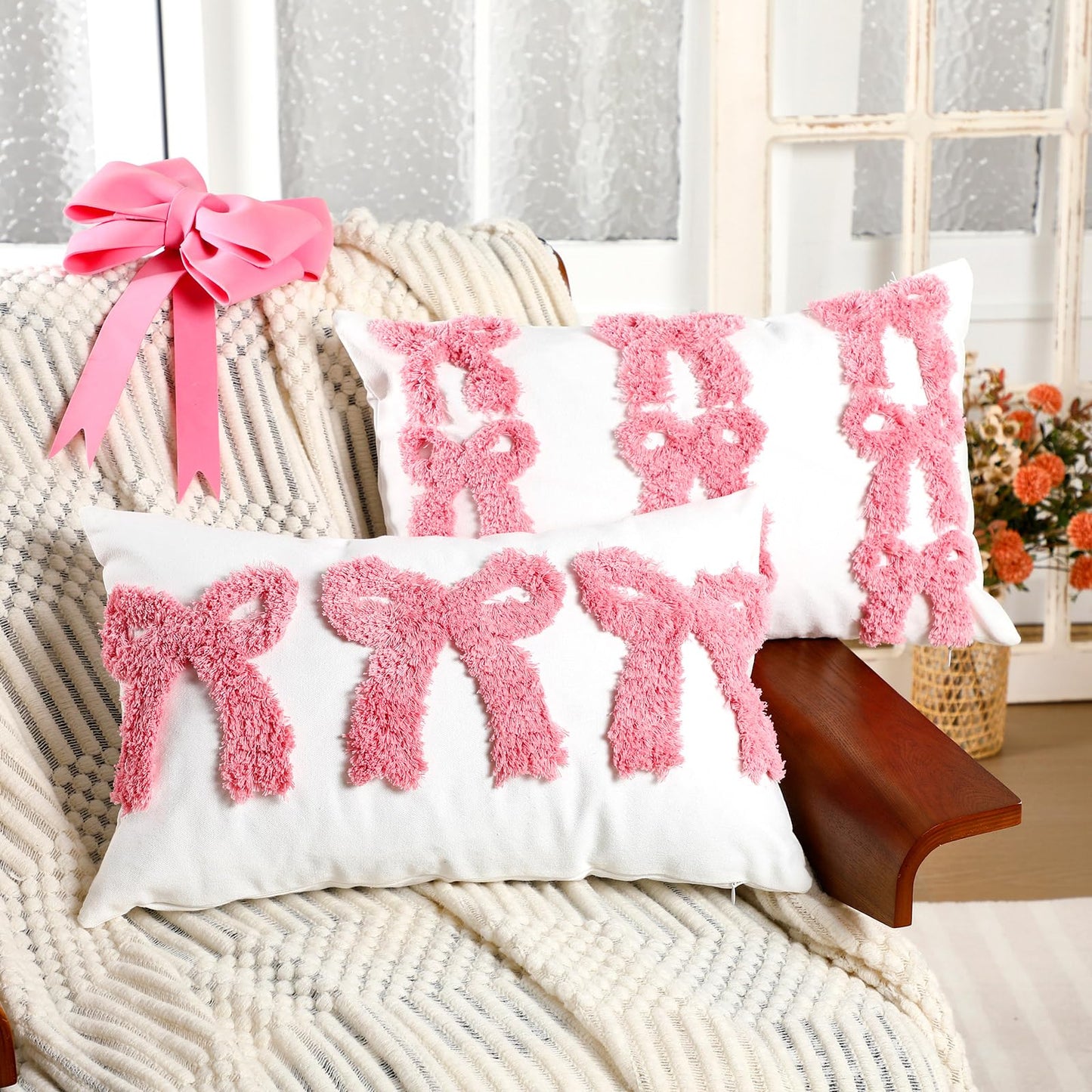 Pink Bow Coquette Pillow Covers - Lumbar Pillow Case Embroidered Throw Cushion Case for Decoration (20 x 12 Inches) 2 Pcs