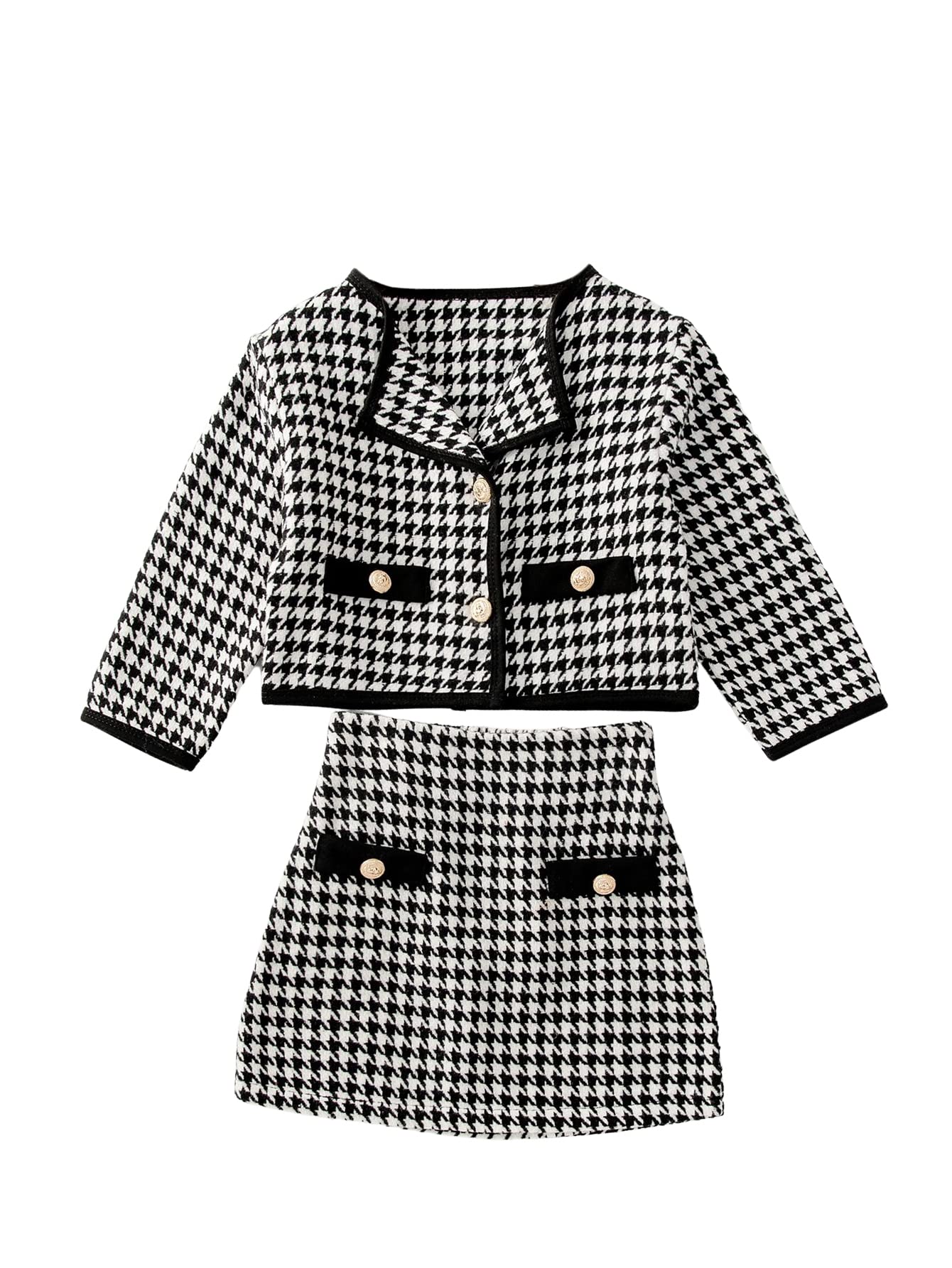 Girl's 2 Piece Houndstooth Button Front Long Sleeve Round Neck Jacket and Skirt Outfits Set