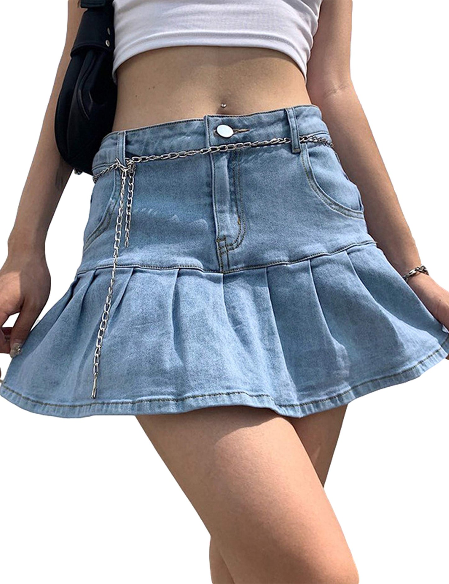 Women's Pleated Jean Skirt Casual - A-Line Ruffle Y2K Mini Denim