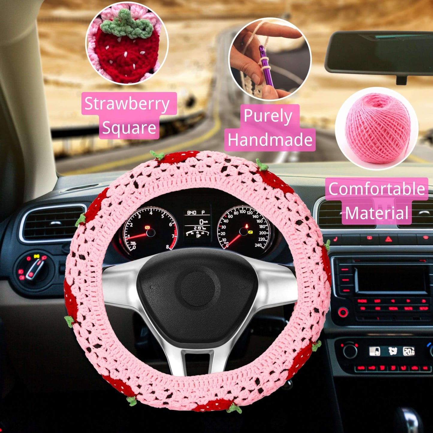 Pink Strawberry Granny Square Pattern - Crochet Steering Wheel Cover Set