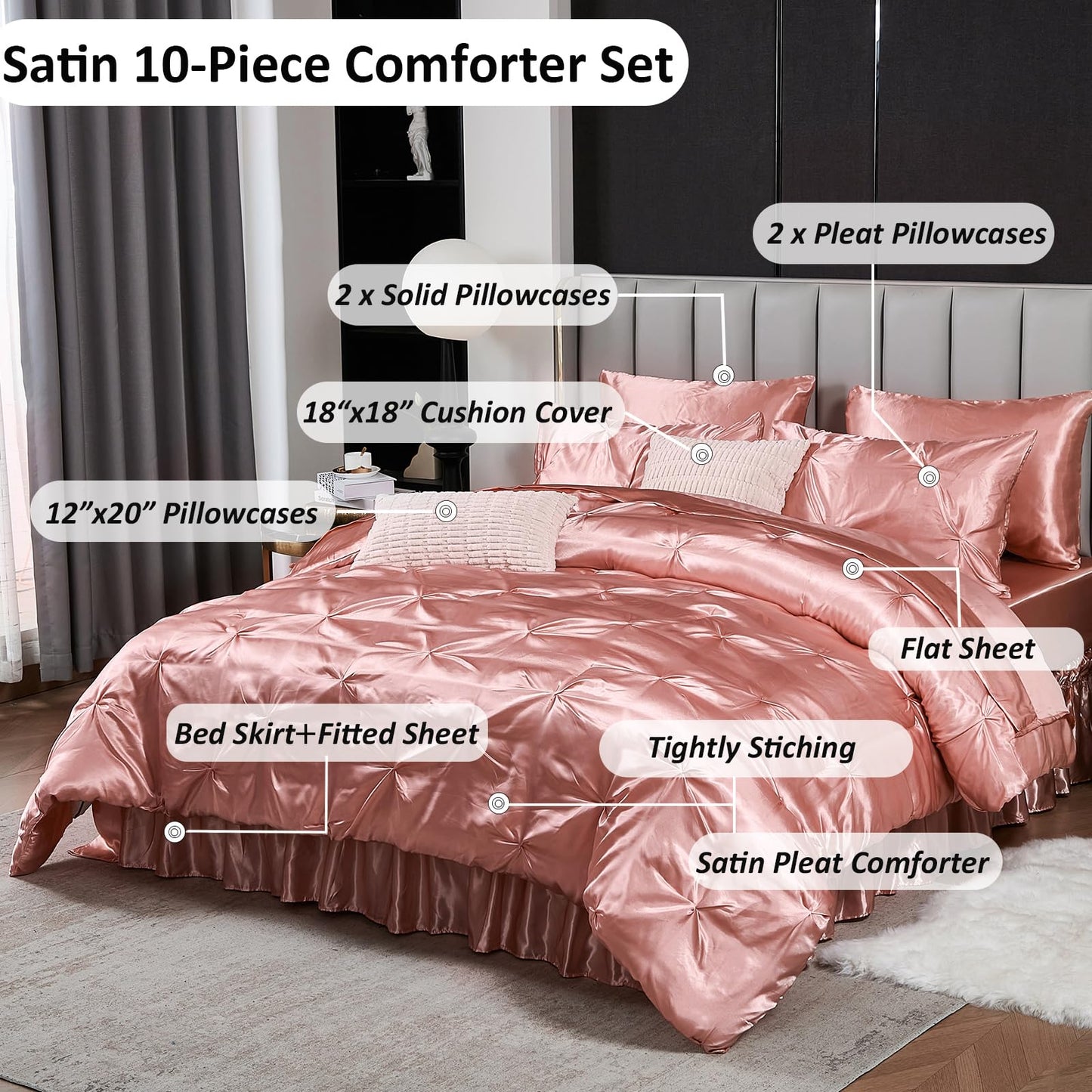 Pinch Pleat Bedding Set - Pin-tuck Luxury Bed Comforter Set 10 Pcs, Soft Silky Down Comforter Bed Set Satin with Sheets