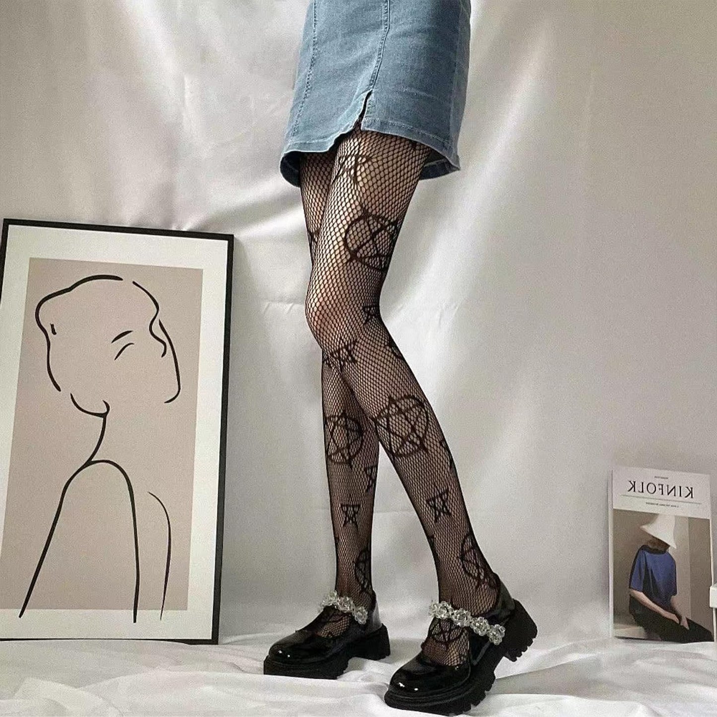 Women's Patterened Fishnet Tights - 2pcs High Waist Floral Fishnet Stocking