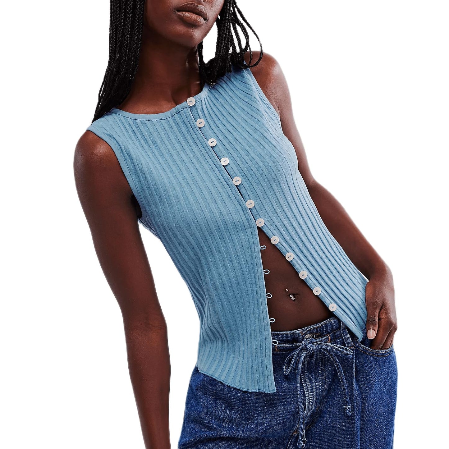 Womens Button up Tops Ribbed Knit Y2k Open Front Crewneck Fitted