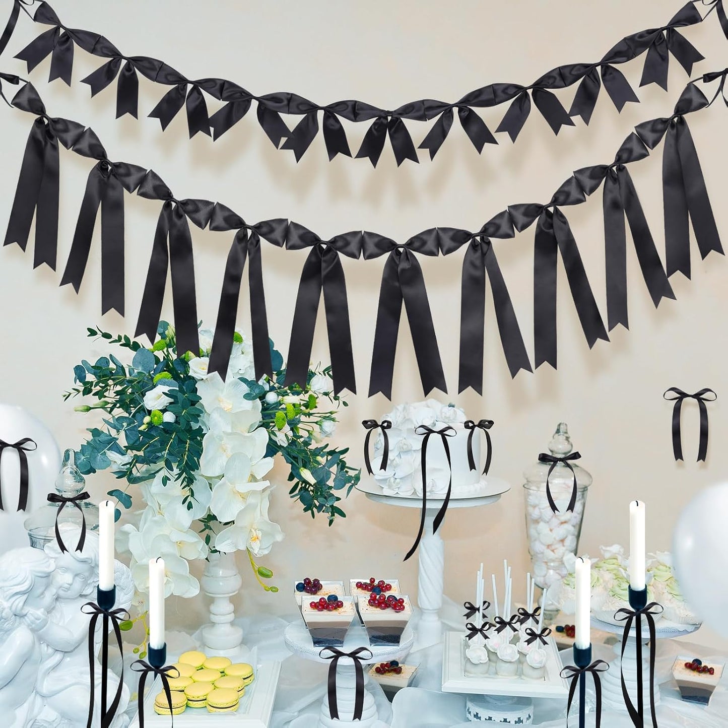 Set of 2 Black Satin Ribbon Bow Garland – Elegant Coquette-Inspired Party Decorations