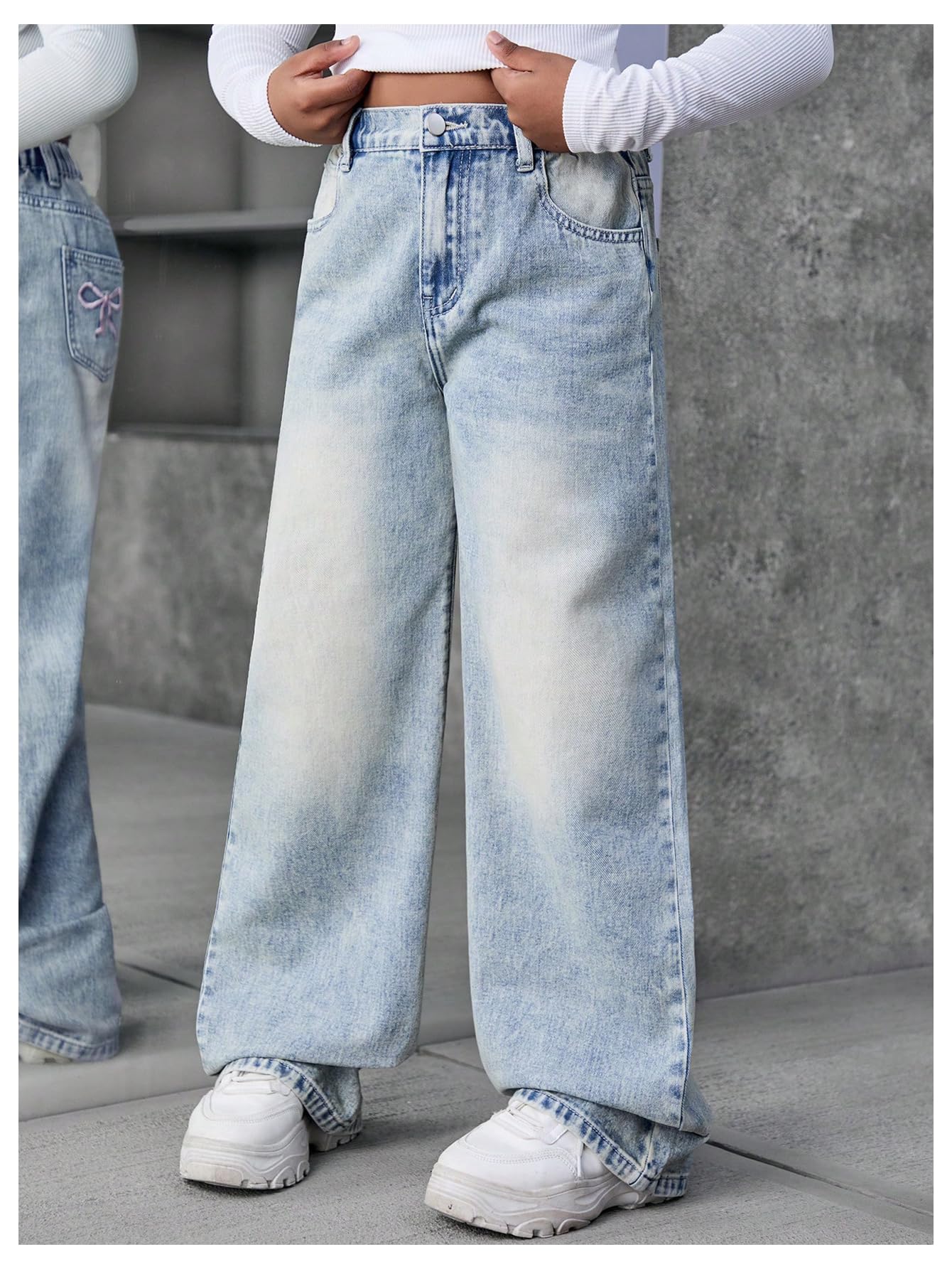 Girl's Bow Print Back Zipper Fly Elastic High Waist Denim Pants Basic Wide Leg Jeans