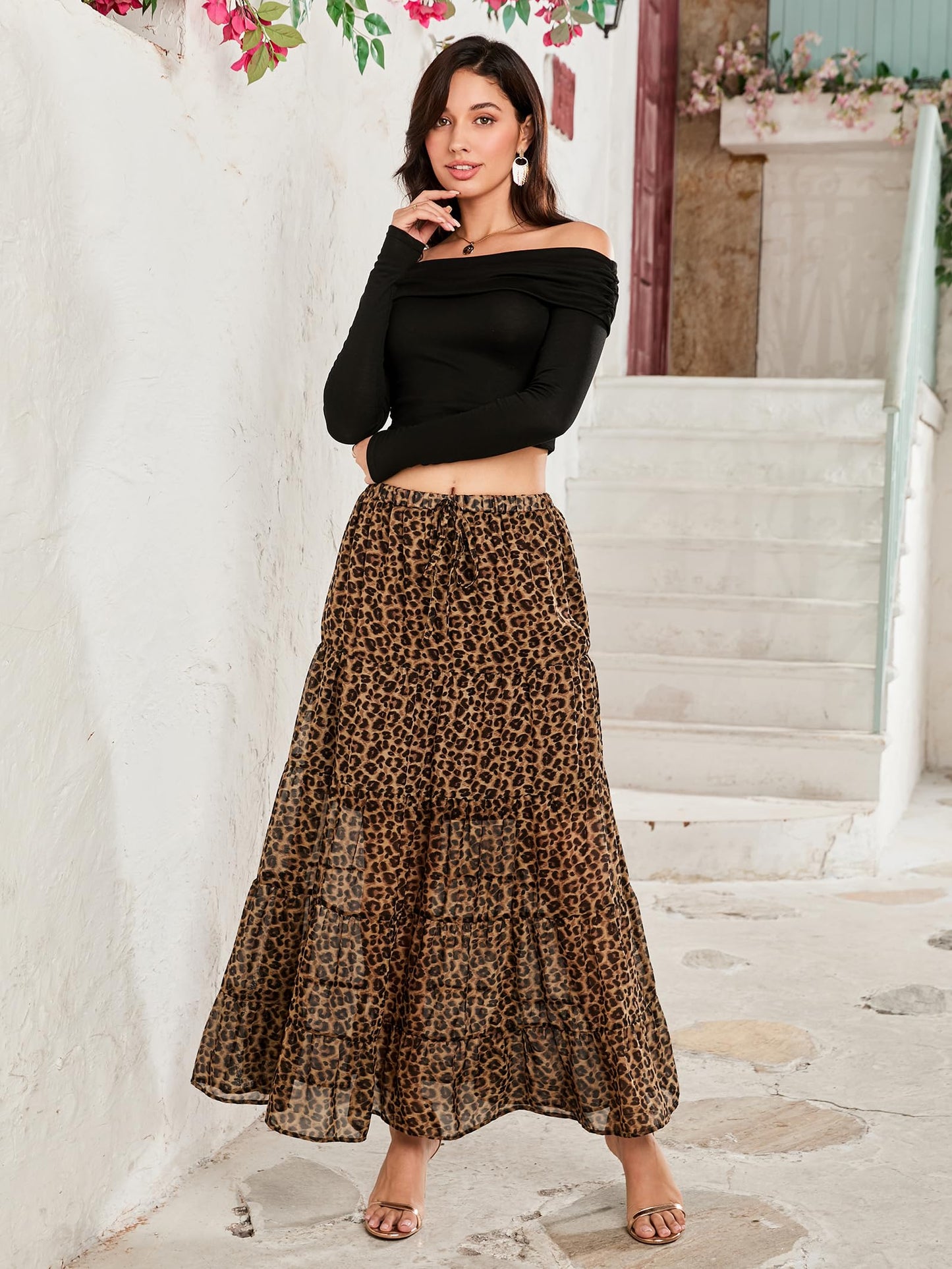 Women's Casual High Elastic Waist Ruffle Boho Pleated A-line Long Maxi Skirt