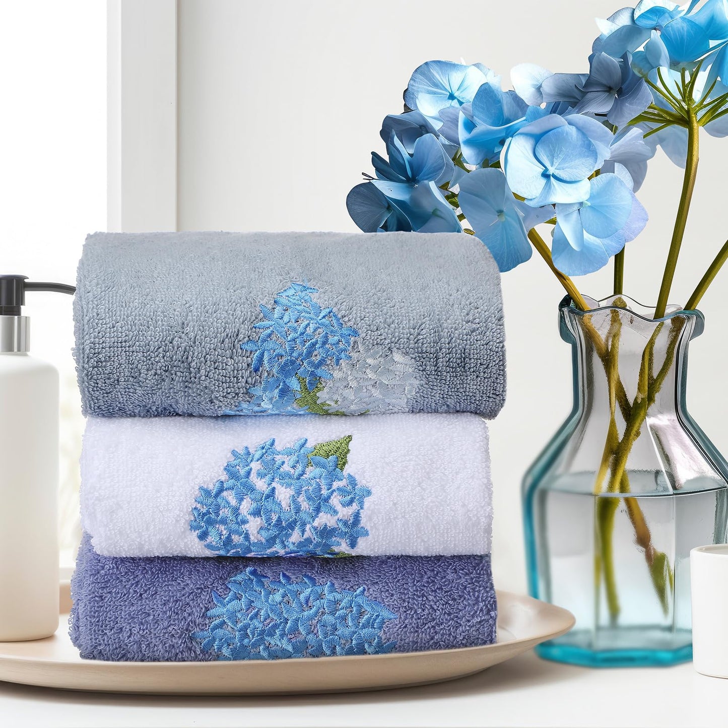 Embroidered Floral Hand Towels - Cute Summer Flowers Cotton Soft Absorbent Towels