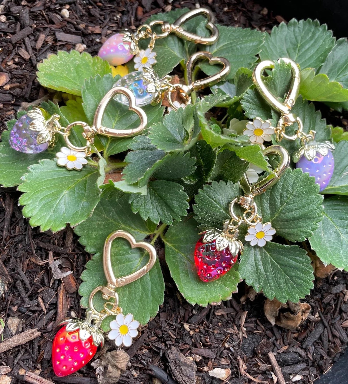 Cute Strawberry Keychain, Kawaii Heart Flower Daisy Keychain