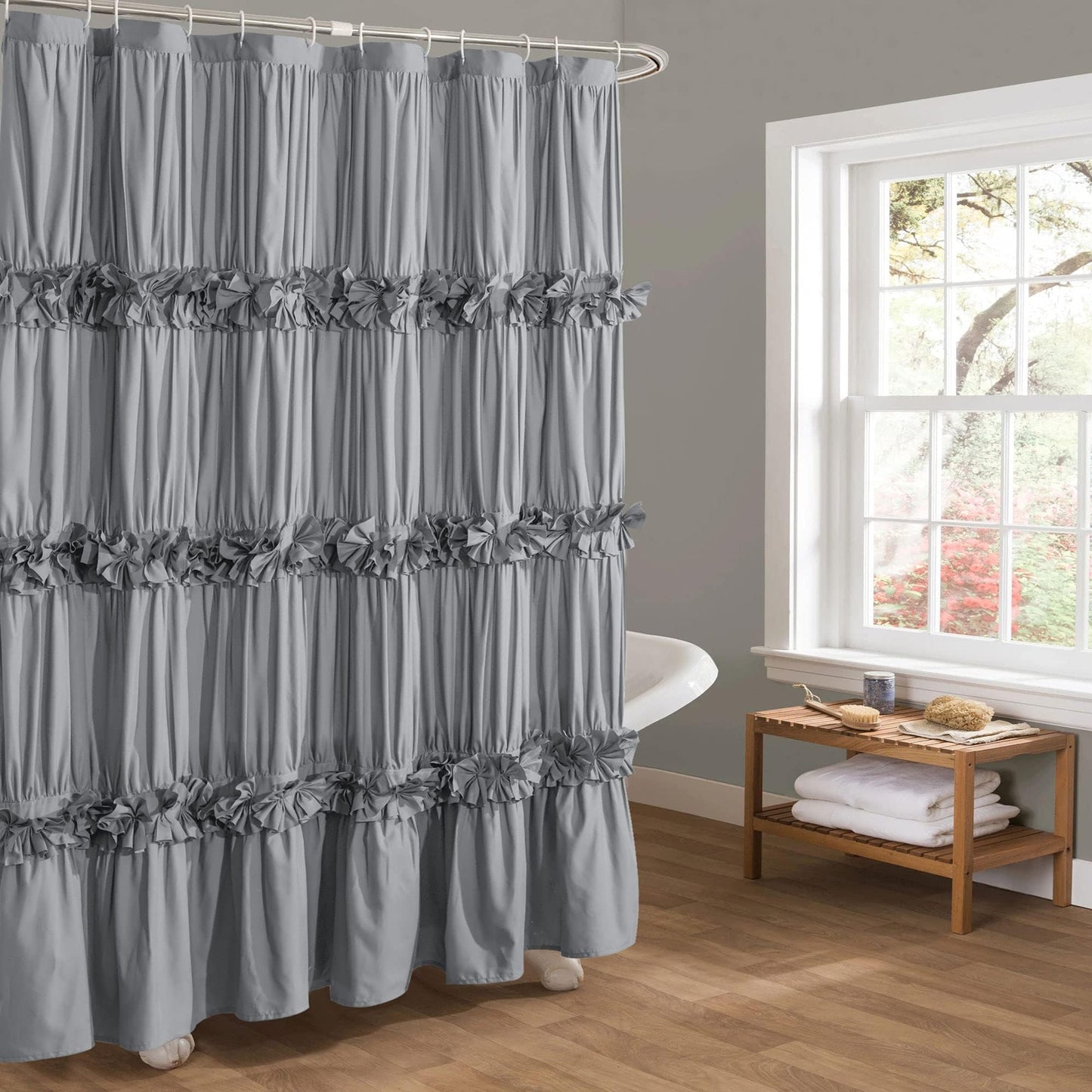 Victorian Bow Tie Ruffle Shower Curtain, with 12 Buttonholes, 72" W x 72" H, White (LQ-10)