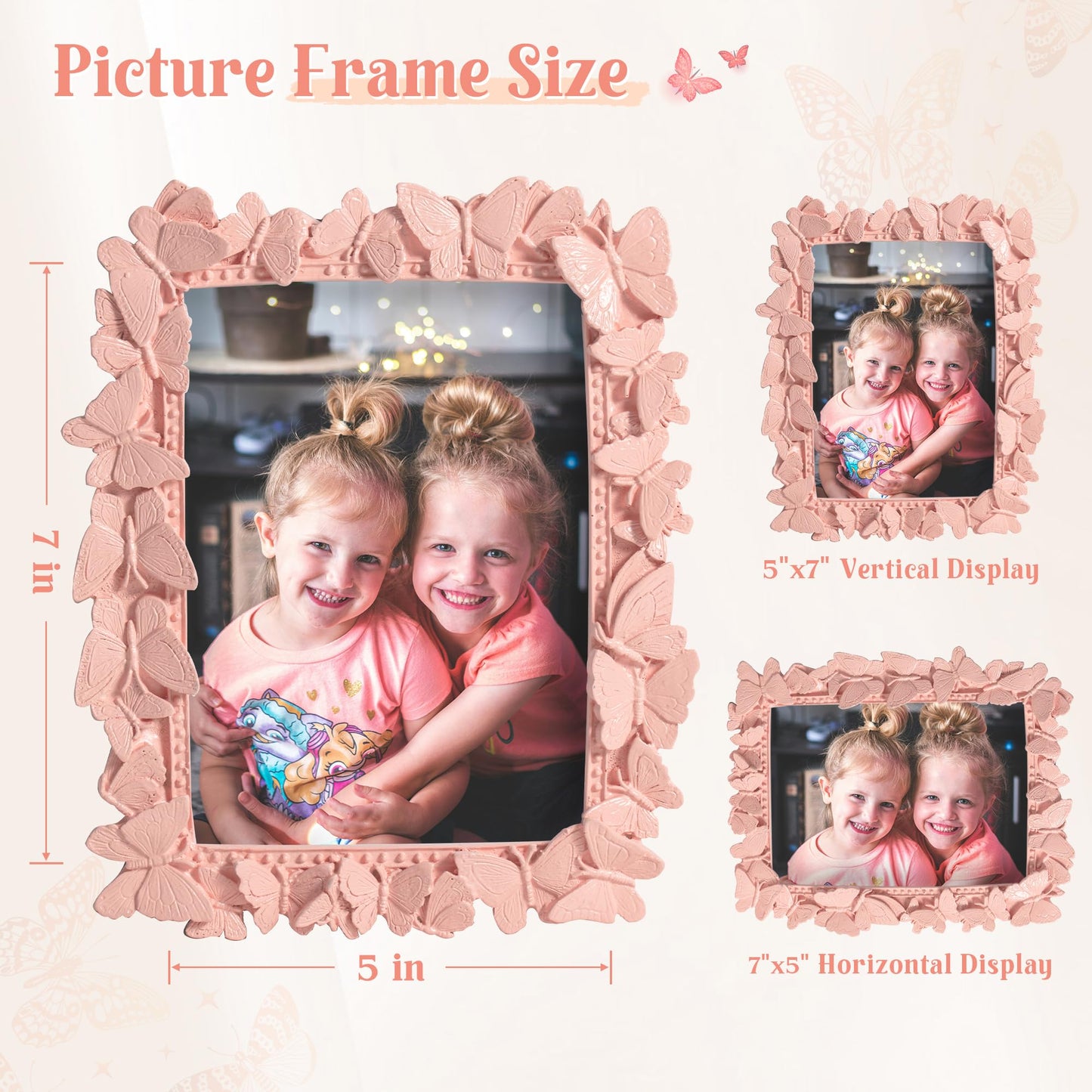 Picture Frame with High Tempered Glass, Butterfly Textured Hand-Crafted Resin Cute Photo Frame with Easel & Hook for Tabletop & Wall Display