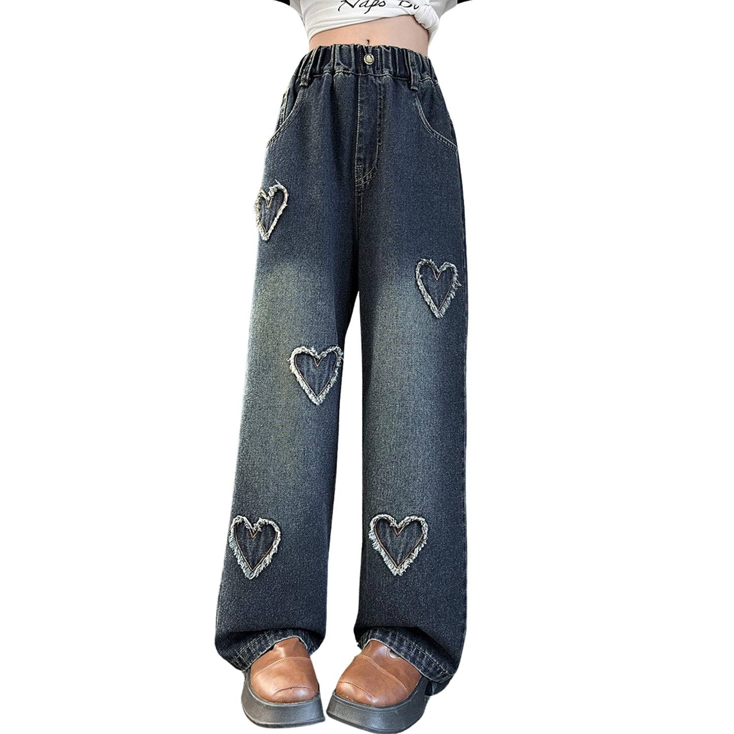 Girls Jeans Denim Elastic Wasit Wide Leg Baggy Pants