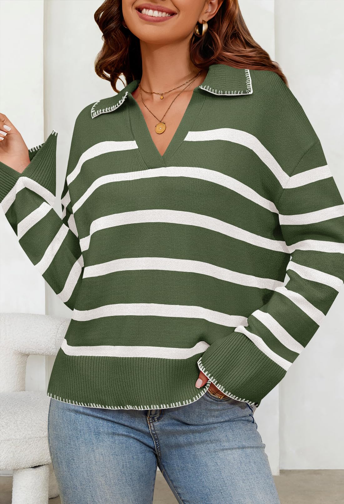 Women's Oversized Striped Sweater Collared V Neck Long Sleeve Knit Pullover