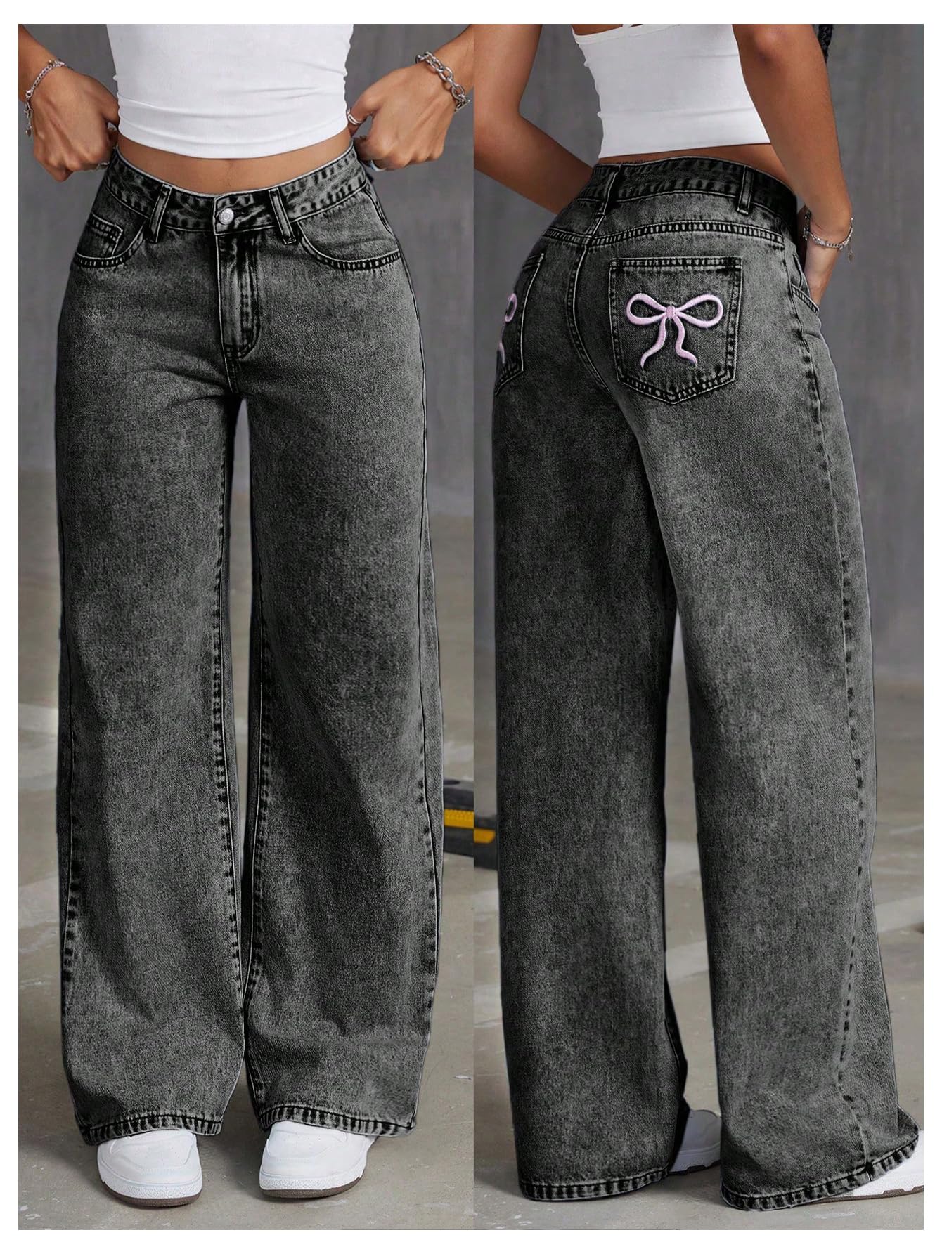 Women's Bowknot Embroidery Jeans - Y2k Straight Leg Boyfriend Denim Pants