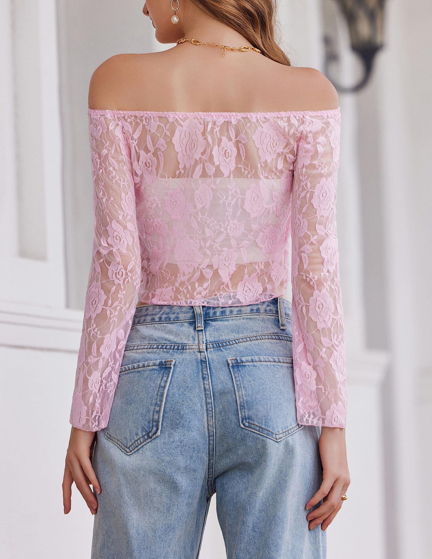 Lace Long Sleeve Y2k Off The Shoulder Tops Sexy Sheer Bell Tops