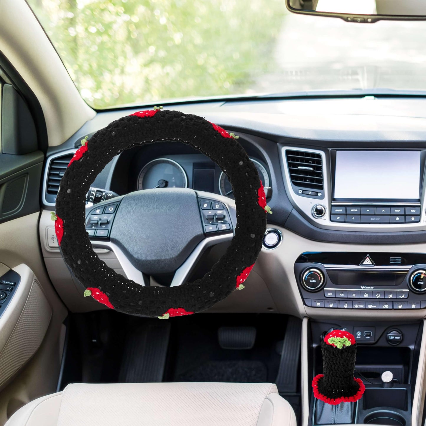 Pink Strawberry Granny Square Pattern - Crochet Steering Wheel Cover Set