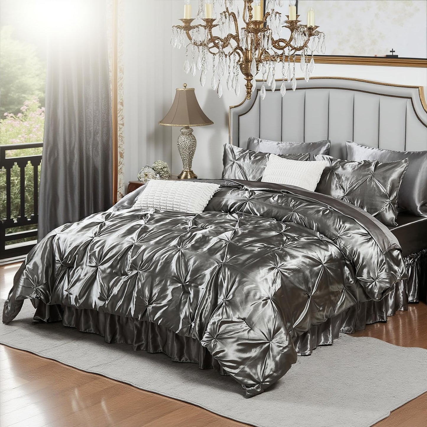 Pinch Pleat Bedding Set - Pin-tuck Luxury Bed Comforter Set 10 Pcs, Soft Silky Down Comforter Bed Set Satin with Sheets