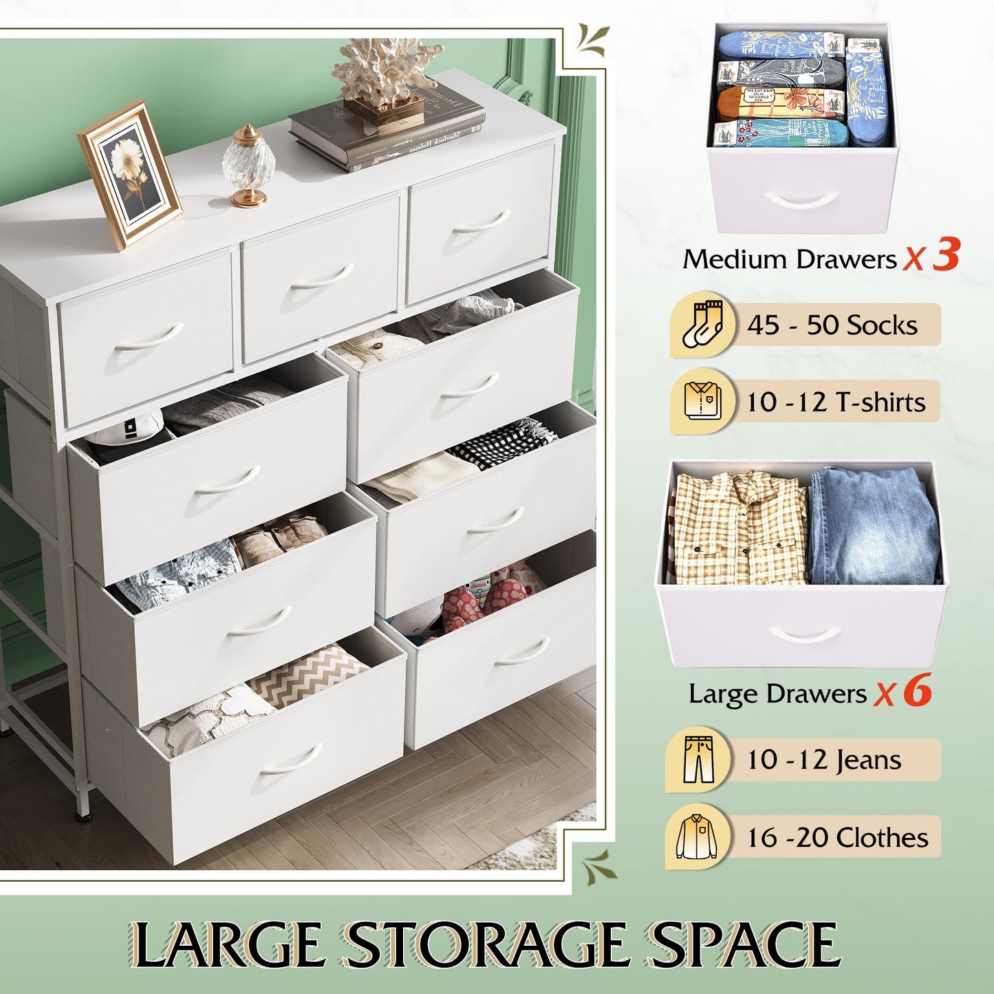 Drawer Fabric 9 Dresser – Tall Storage Tower with Bins, Steel Frame, and Wood Top