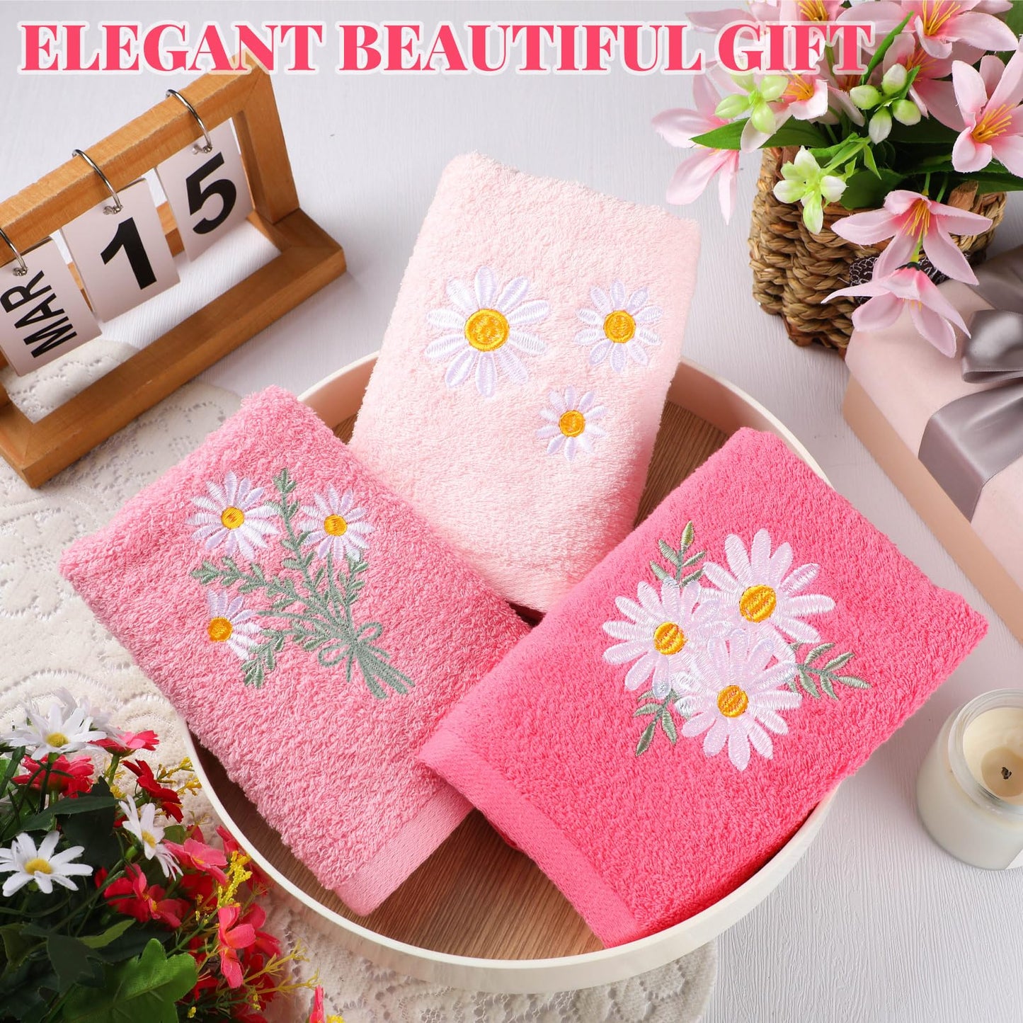 Embroidered Floral Hand Towels - Cute Summer Flowers Cotton Soft Absorbent Towels