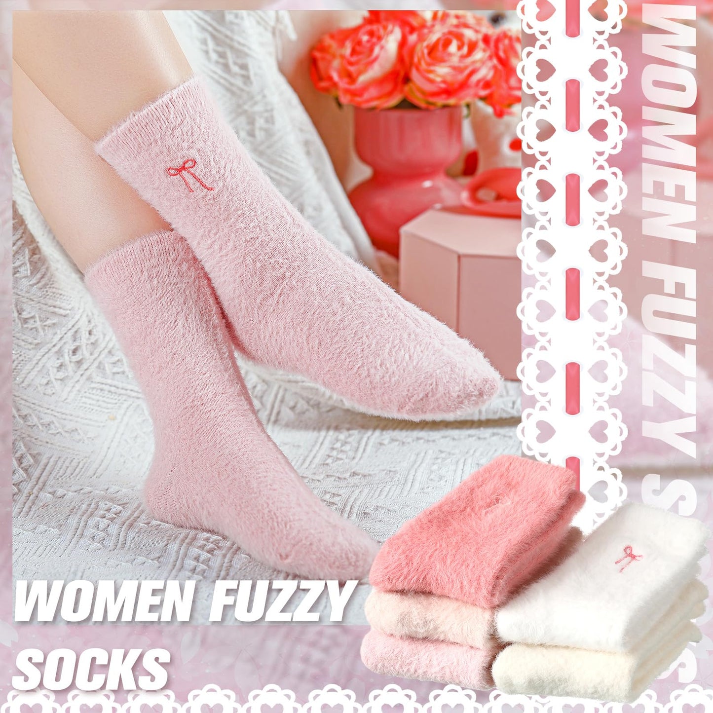 Women's Bow Fuzzy Socks Winter Crew Slipper Socks Coquette 5 Pcs