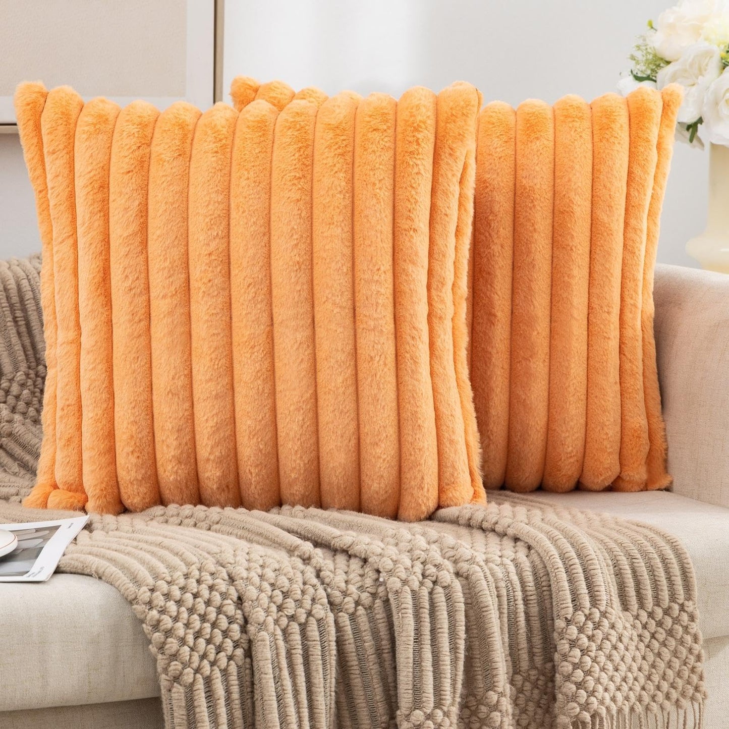 Set of 2 Fluffy Faux Fur Striped Pillow Covers – Decorative Cushion Cases