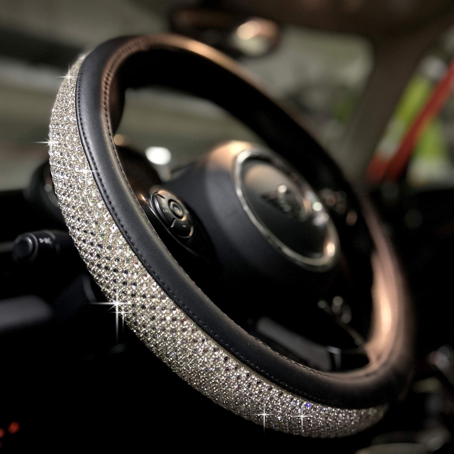 Universal Bling Bling Comfy Steering Wheel Cover with Jumbo Crystal Rhinestones, Anti-Slip Diamond Leather, 14.5-15 Inch