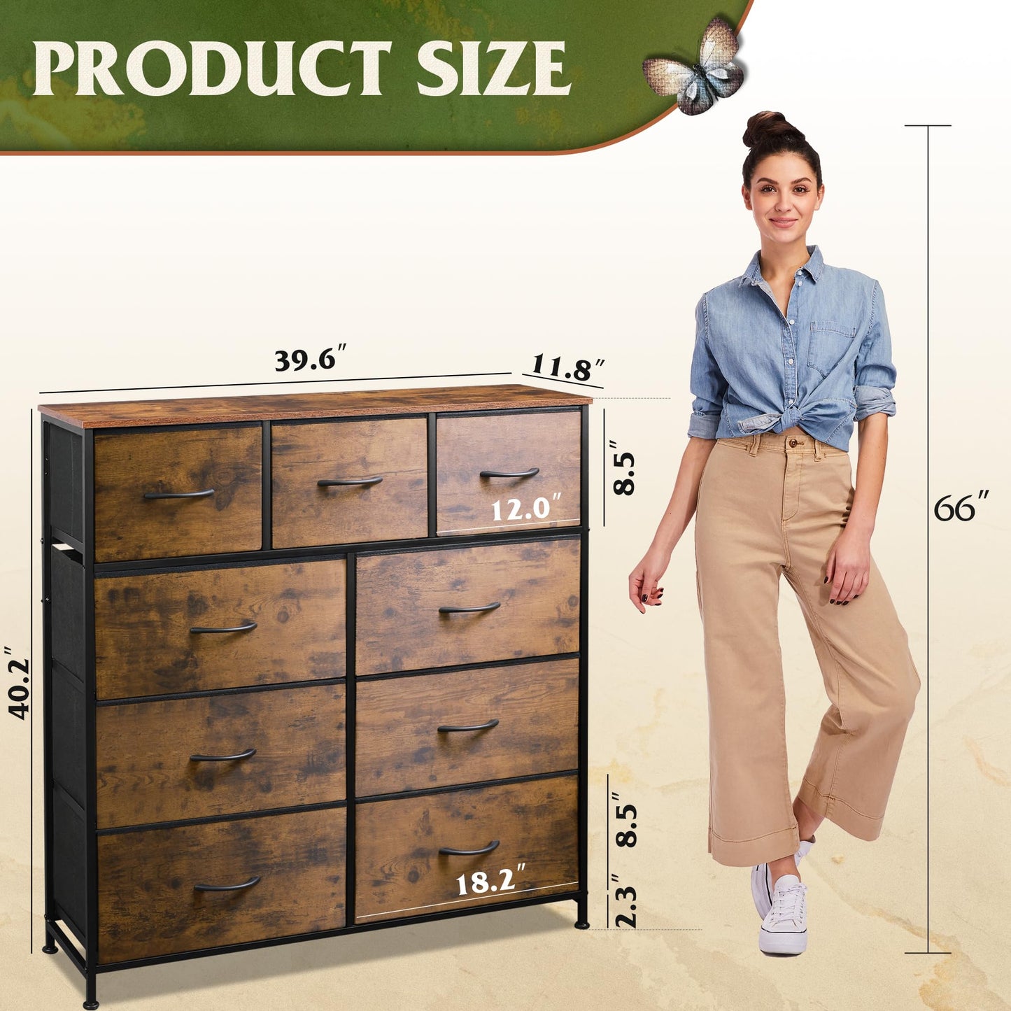 Drawer Fabric 9 Dresser – Tall Storage Tower with Bins, Steel Frame, and Wood Top