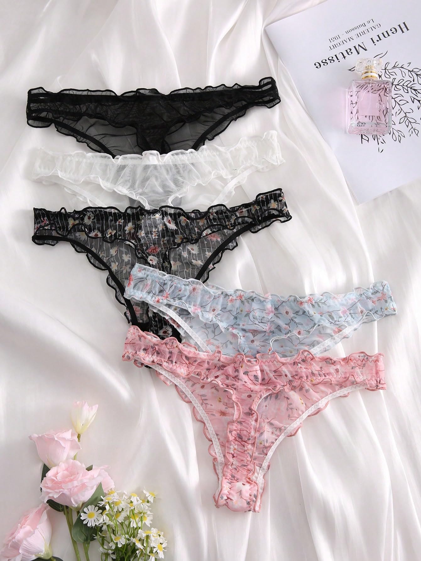 Women's 5pack Floral Print Low Rise Panty Set Frill Trim Textured Soft Underwear