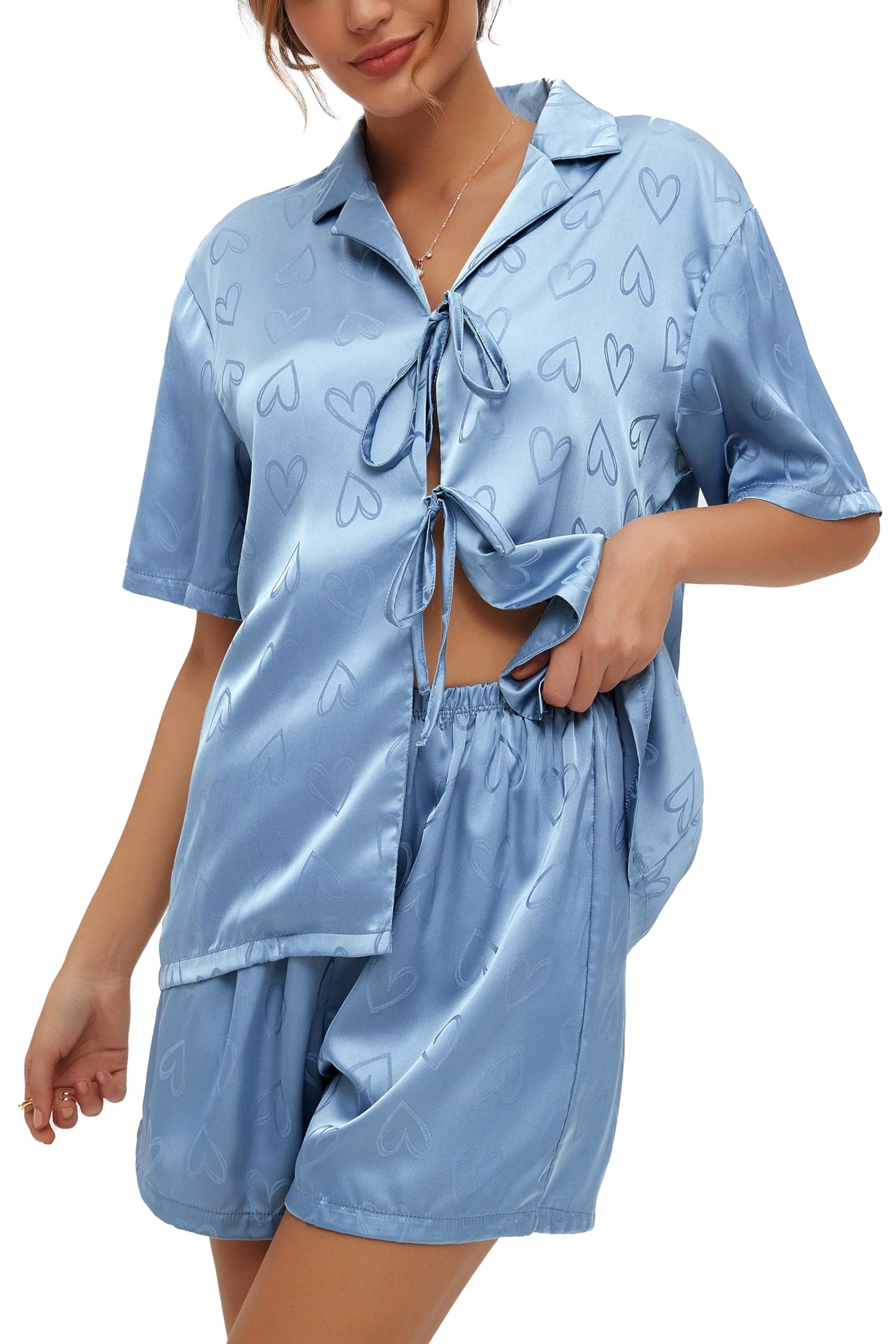 Women's Silk Satin Pajamas Sets Tie Front Short Sleeve Tops and Shorts Two Piece Pj Sets Sleepwear