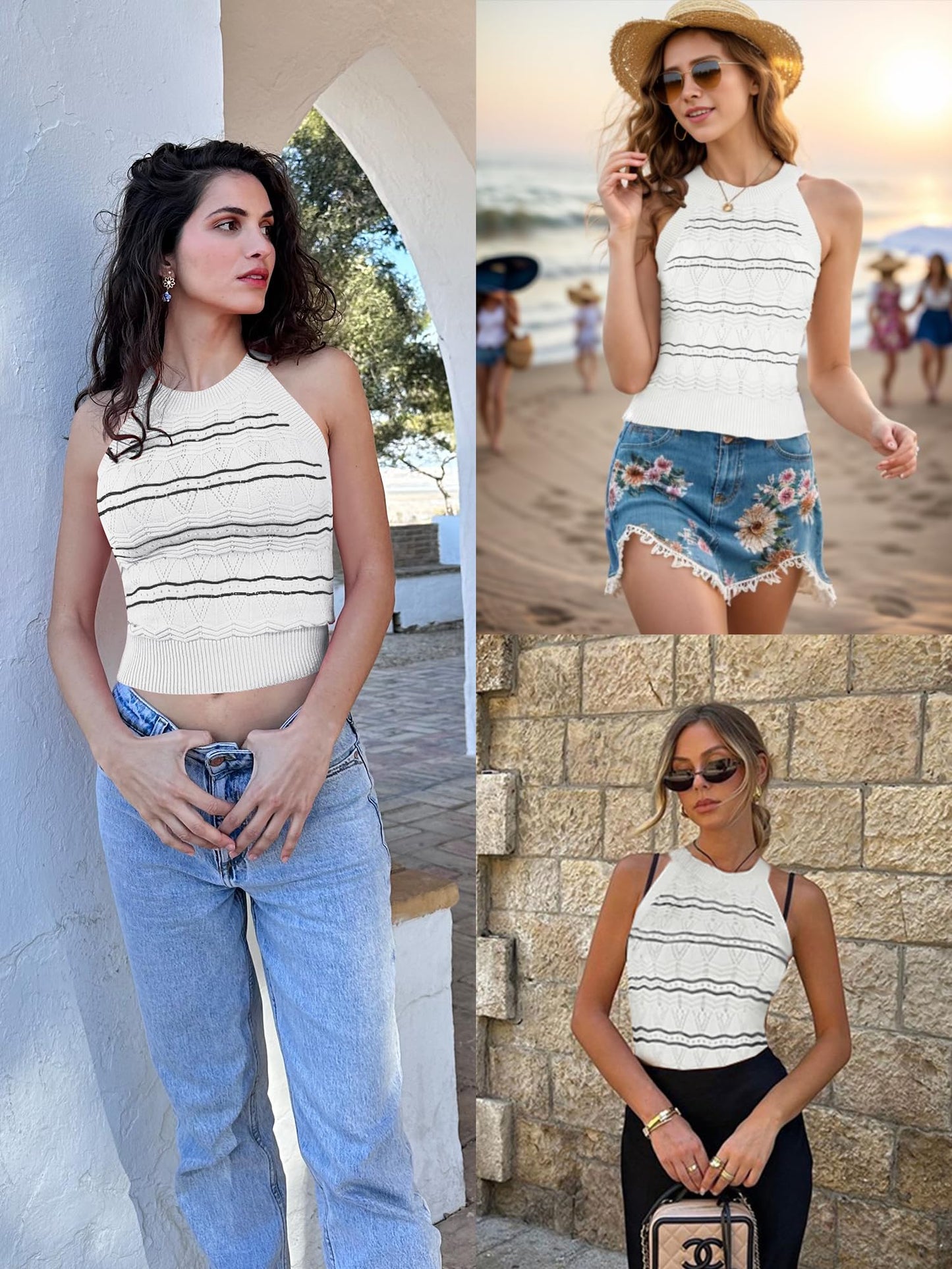 Summer Halter Tops Striped Y2K Sleeveless Racerback Slim Fitted Stretchy Knit Cami Tank Tops