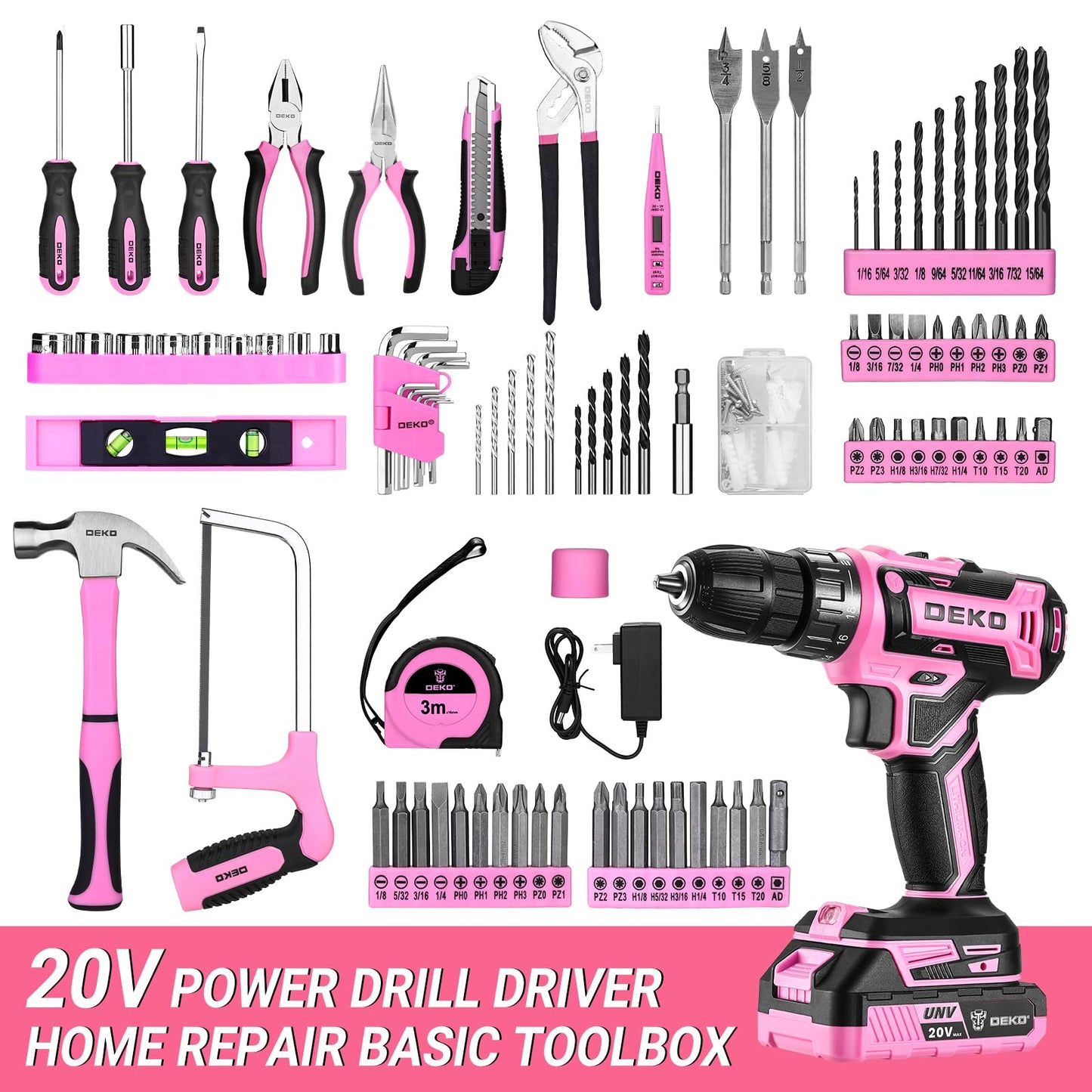 Cordless 20V Drill Tool Kit with Battery and Basic Hand Tools