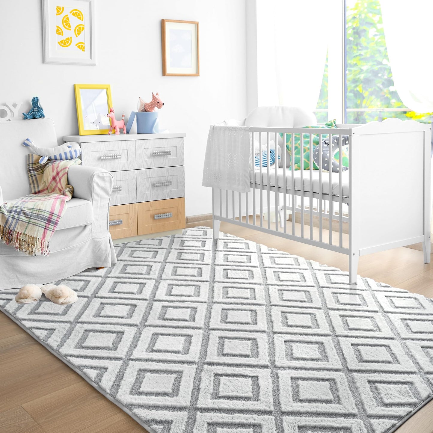 Geometric Memory Foam Rugs - Fluffy Checkered Shaggy Area Rug, Non-Slip Washable Modern Indoor Carpet