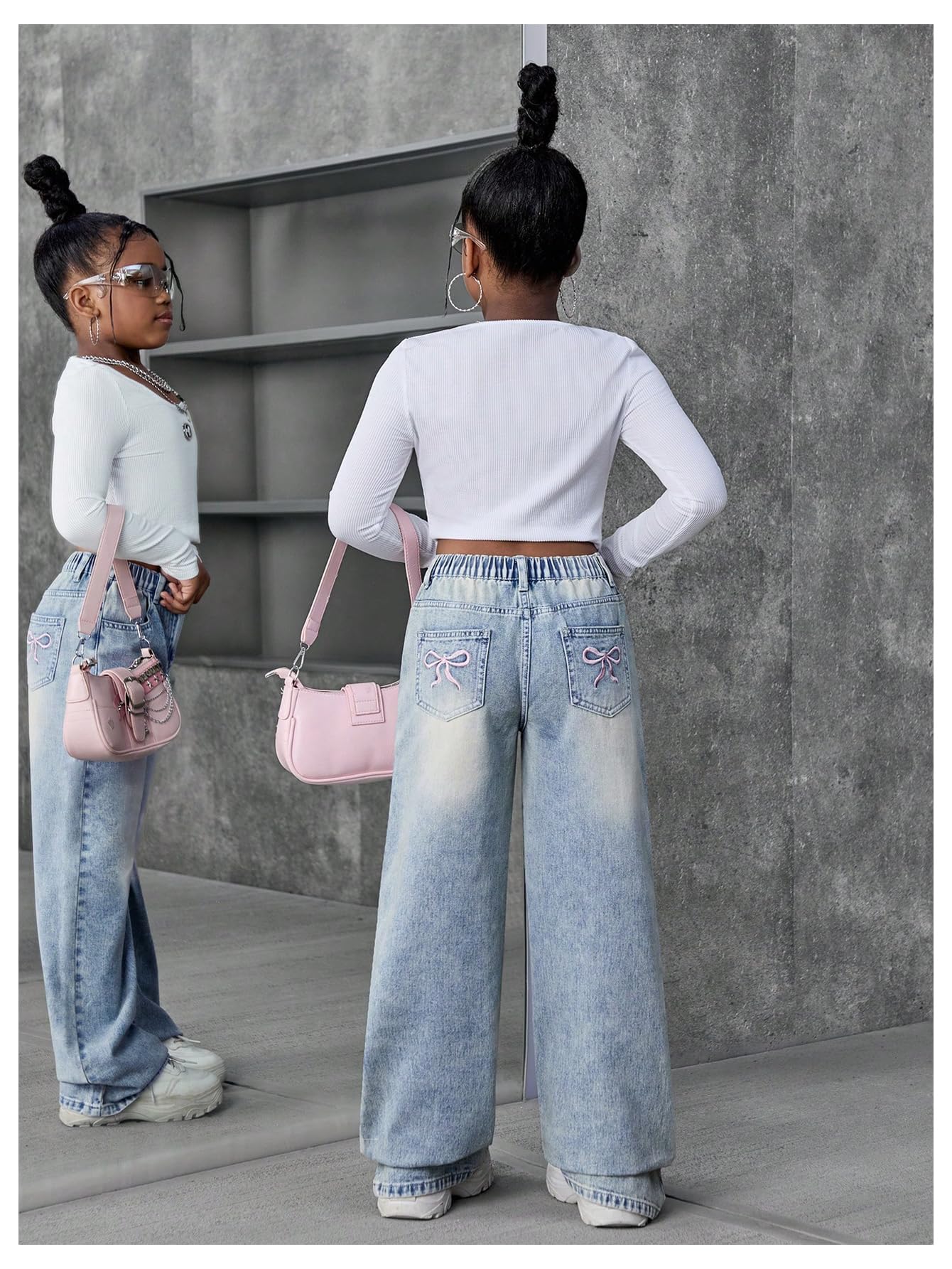 Girl's Bow Print Back Zipper Fly Elastic High Waist Denim Pants Basic Wide Leg Jeans