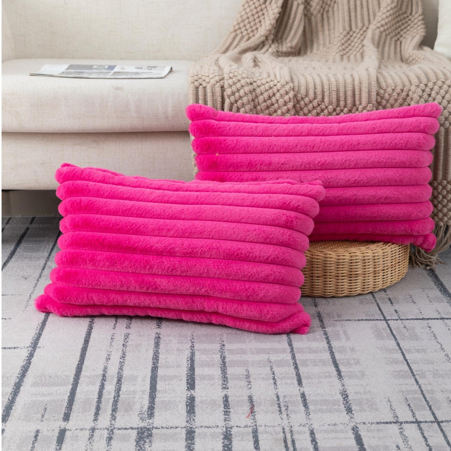 Set of 2 Fluffy Faux Fur Striped Pillow Covers – Decorative Cushion Cases