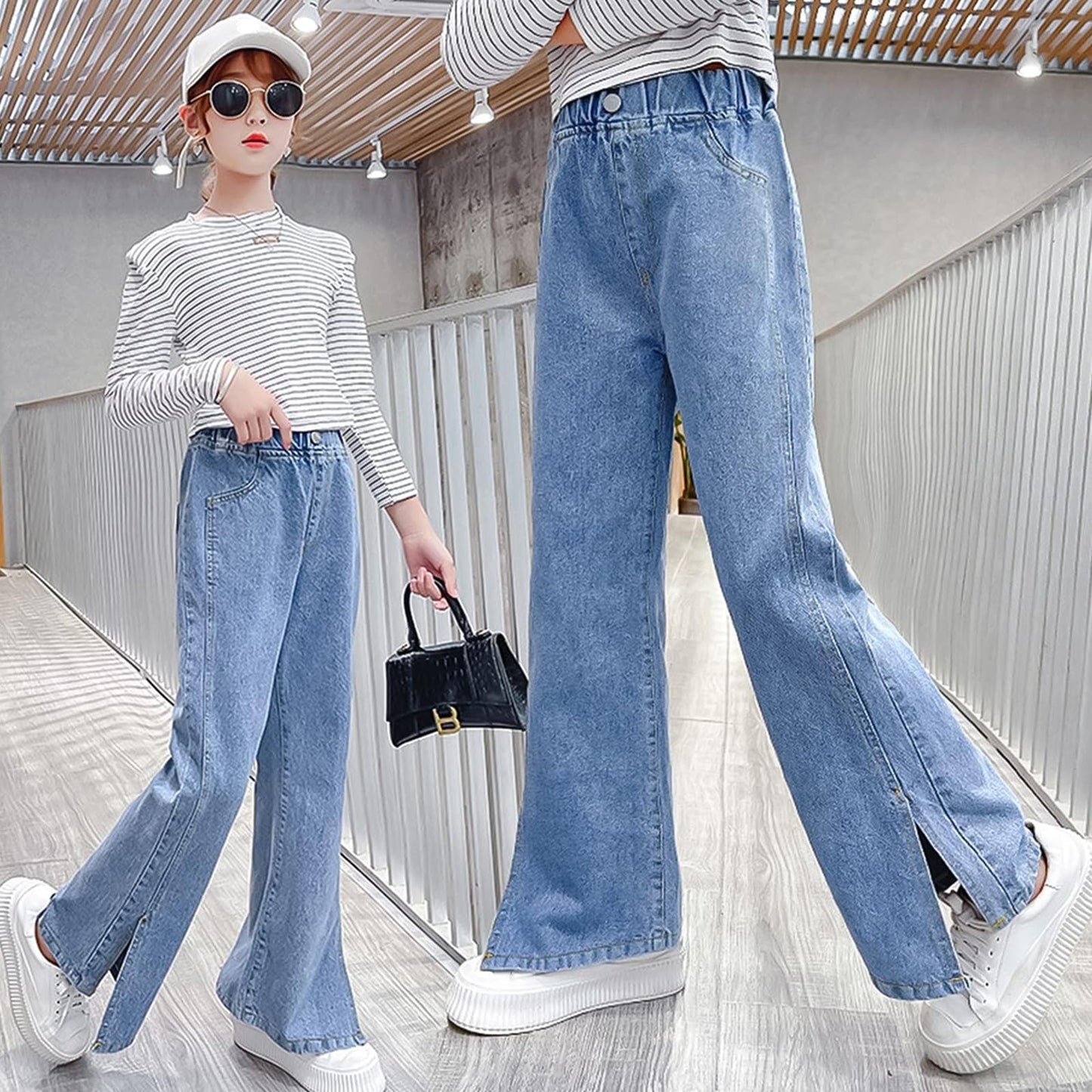 Girls Jeans Denim Elastic Wasit Wide Leg Baggy Pants