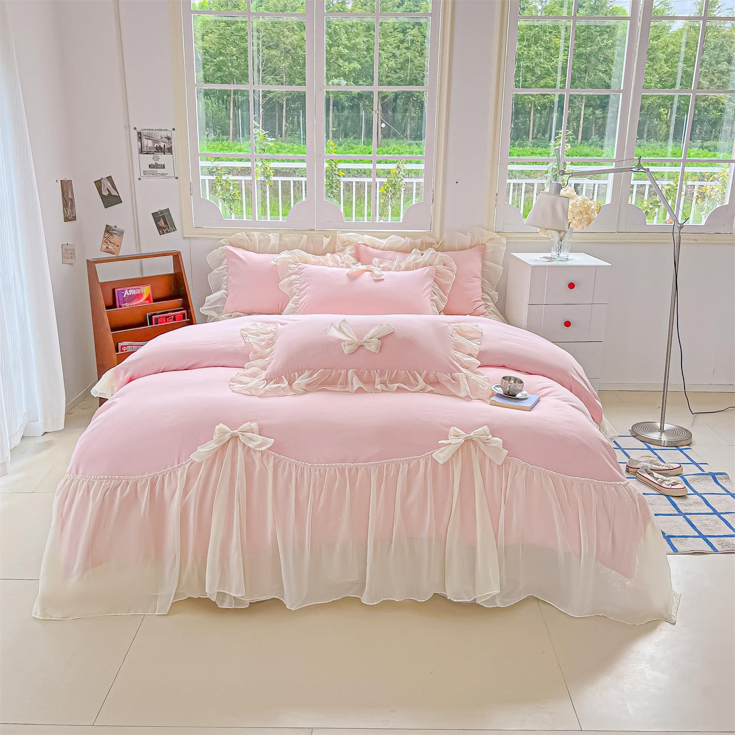 Princess Style Lace Bedding Comforter Cover Set, Chic Ruffled Duvet Cover with Lovely Bow, 1 Duvet Cover with 2 Pillowcases, No Comforter