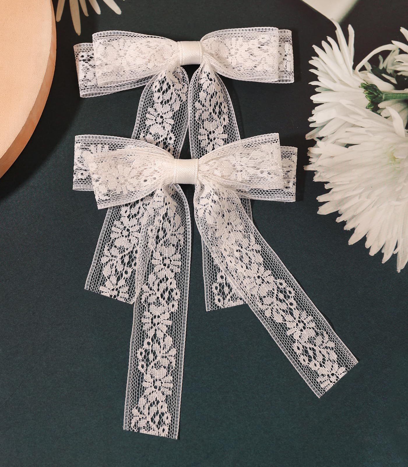 Lace Tulle Hair Bows with Long Tail Ribbons, Metal Bowknot and Tassel Barrettes