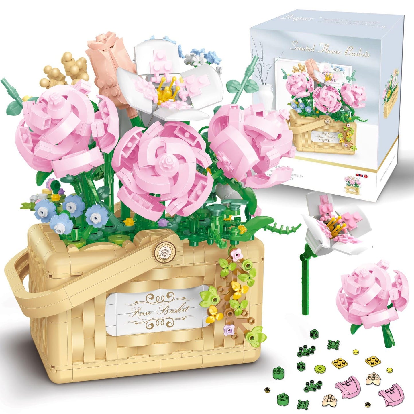 Flower Bouquet Building Kit Bonsai Rose Fower Basket Building Blocks Set