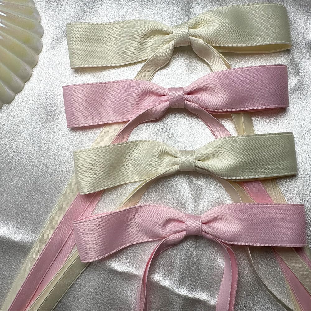 Satin 4-Piece Hair Ribbon Clips for Women and Girls – Pink and Beige Long Tail Bow Hair Accessories