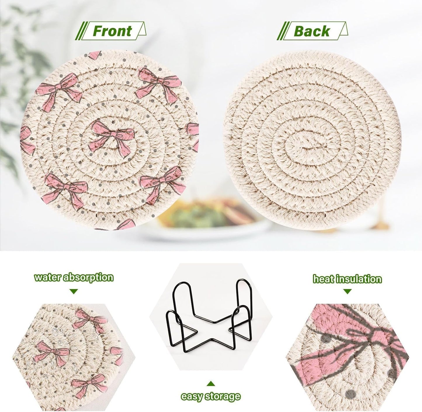 Pink Bow Woven Coasters Set – 3.9" Absorbent, Heat-Resistant (6 pcs + Holder)